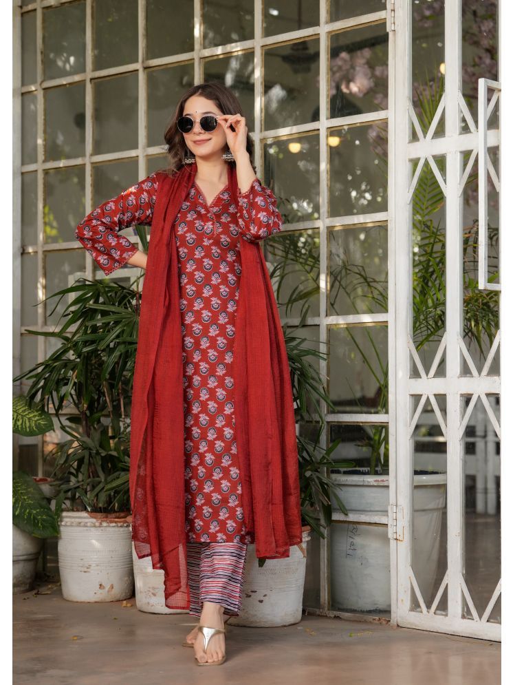     			Vividvibe Cotton Embroidered Kurti With Pants Women's Stitched Salwar Suit - Red ( Pack of 1 )