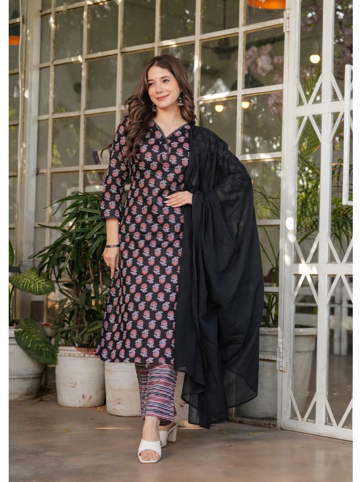     			Vividvibe Cotton Embroidered Kurti With Pants Women's Stitched Salwar Suit - Black ( Pack of 1 )