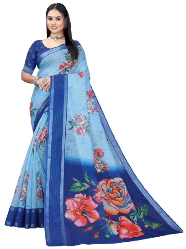     			mahalaxmi fab Pack of 1 Linen Printed Saree With Blouse Piece ( Light Blue )