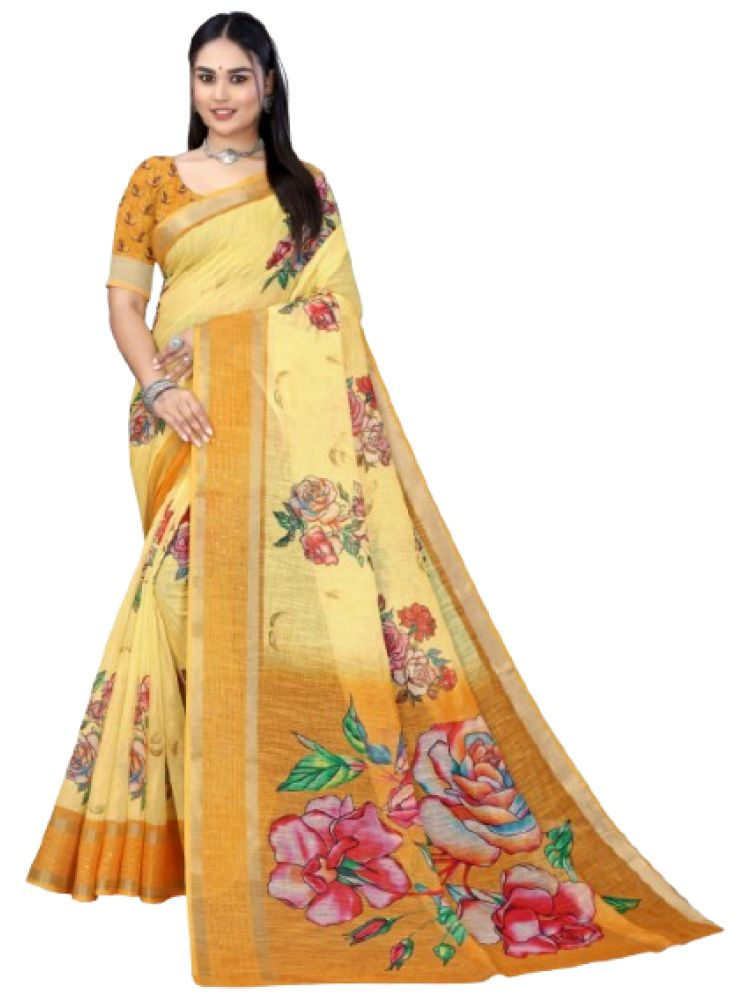     			mahalaxmi fab Pack of 1 Linen Printed Saree With Blouse Piece ( Yellow )