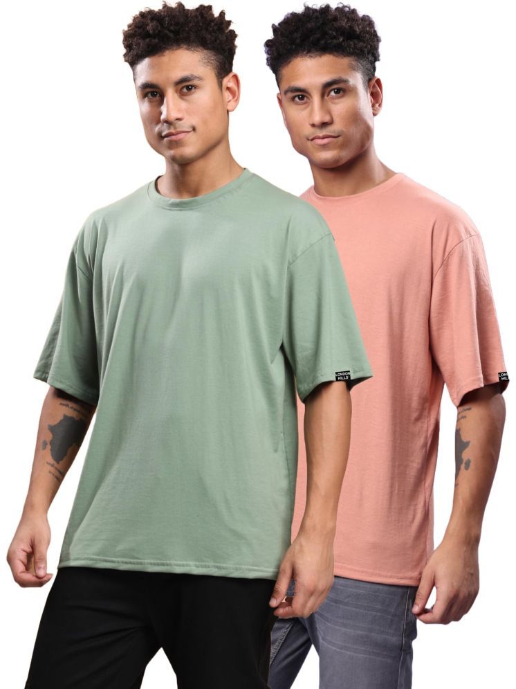     			LONDON HILLS Cotton Blend Oversized Fit Solid Half Sleeves Men's Round T-Shirt - Peach ( Pack of 2 )