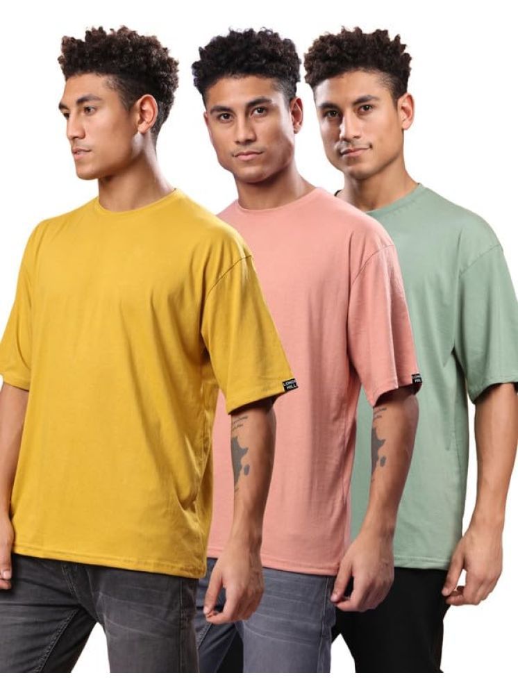     			LONDON HILLS Cotton Blend Oversized Fit Solid Half Sleeves Men's Round T-Shirt - Peach ( Pack of 3 )