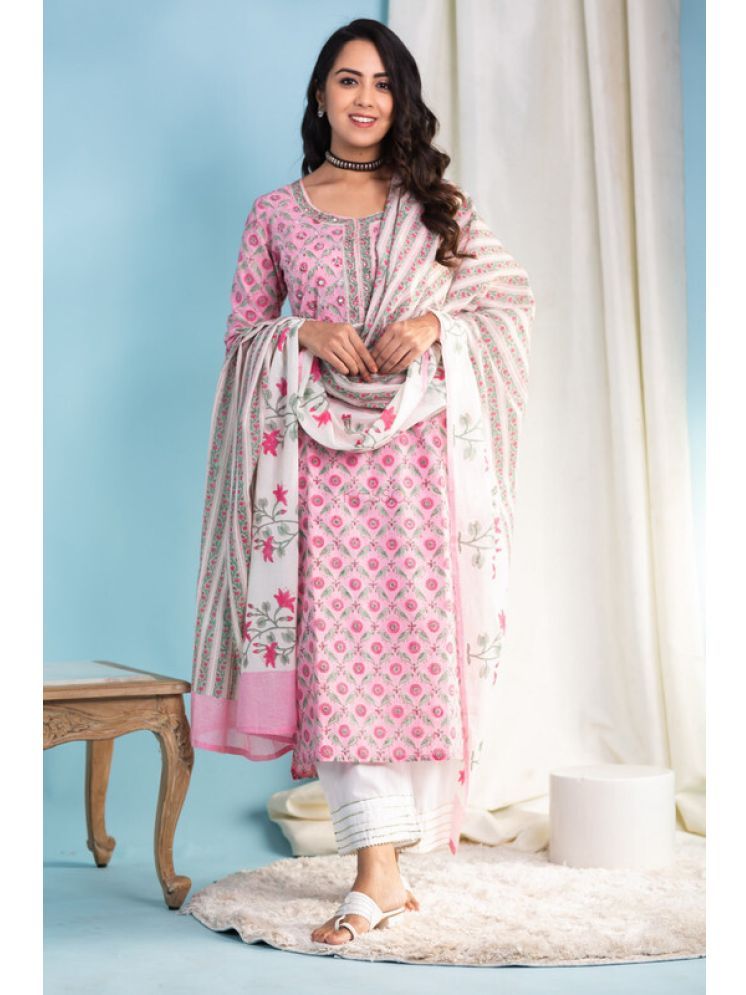     			Royal Export Cotton Blend Printed Kurti With Pants Women's Stitched Salwar Suit - Pink ( Pack of 1 )