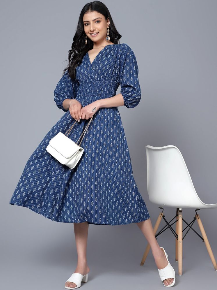     			Femvy Polyester Printed Ankle Length Women's Fit & Flare Dress - Navy ( Pack of 1 )