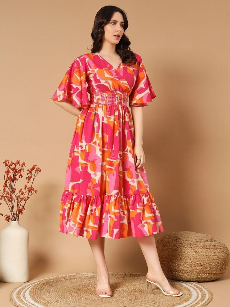     			Femvy Polyester Printed Knee Length Women's Fit & Flare Dress - Orange ( Pack of 1 )