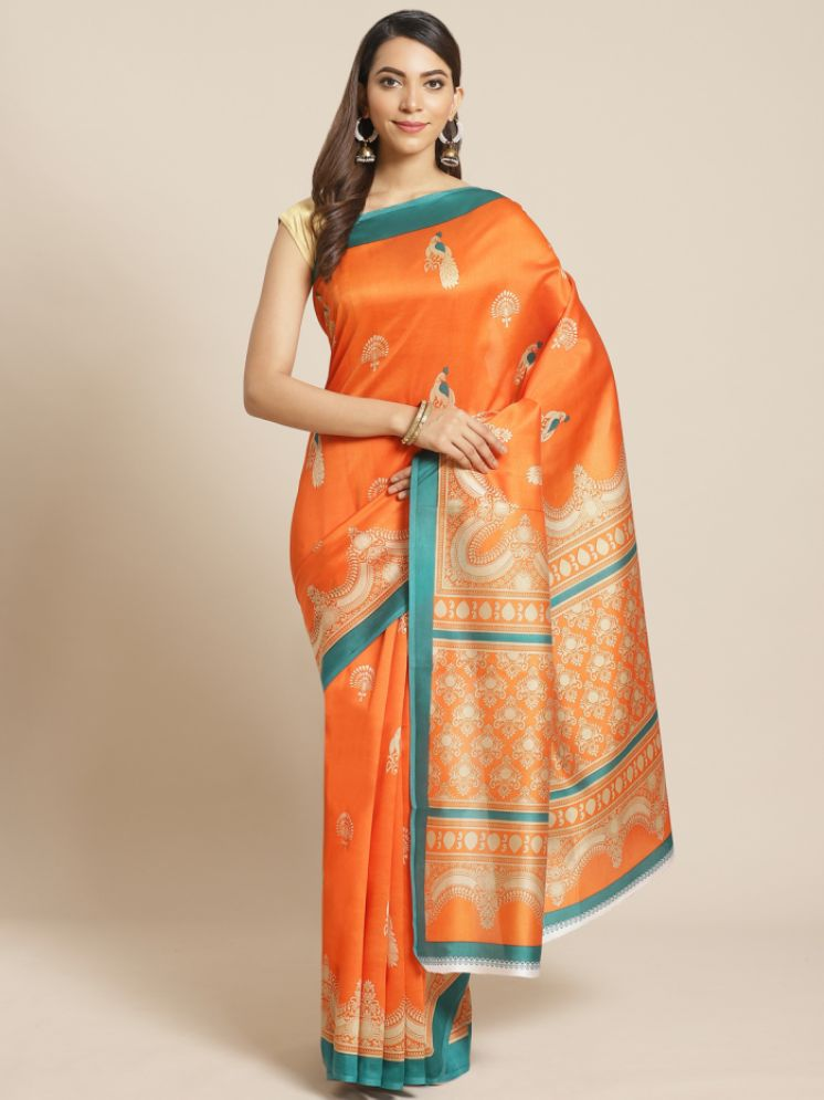     			Grubstaker Pack of 1 Art Silk Printed Saree With Blouse Piece ( Orange )