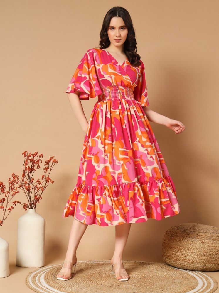     			JASH CREATION Polyester Printed Knee Length Women's Fit & Flare Dress - Orange ( Pack of 1 )