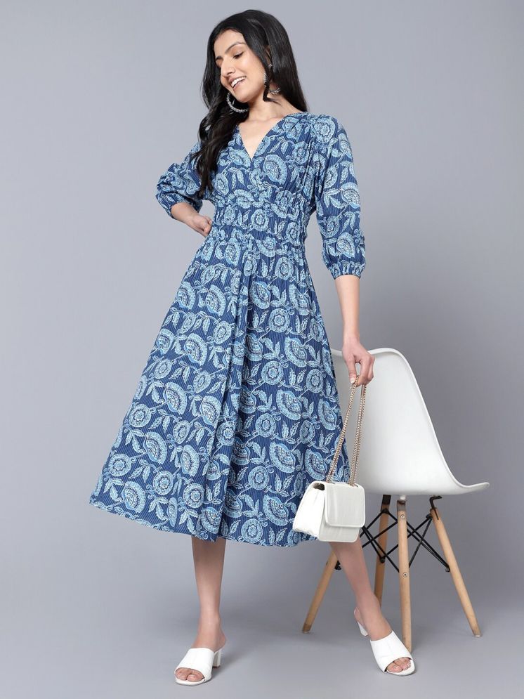     			JASH CREATION Polyester Printed Knee Length Women's Fit & Flare Dress - Blue ( Pack of 1 )