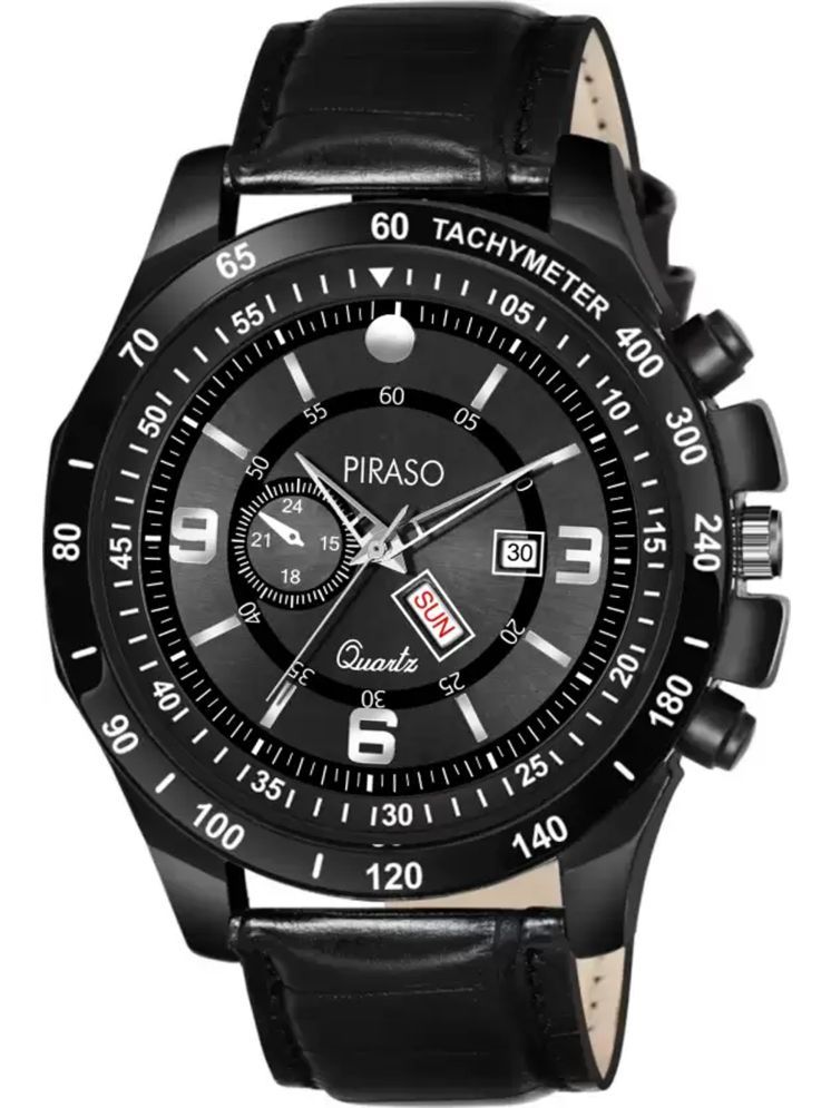     			PIRASO Black Leather Analog Men's Watch