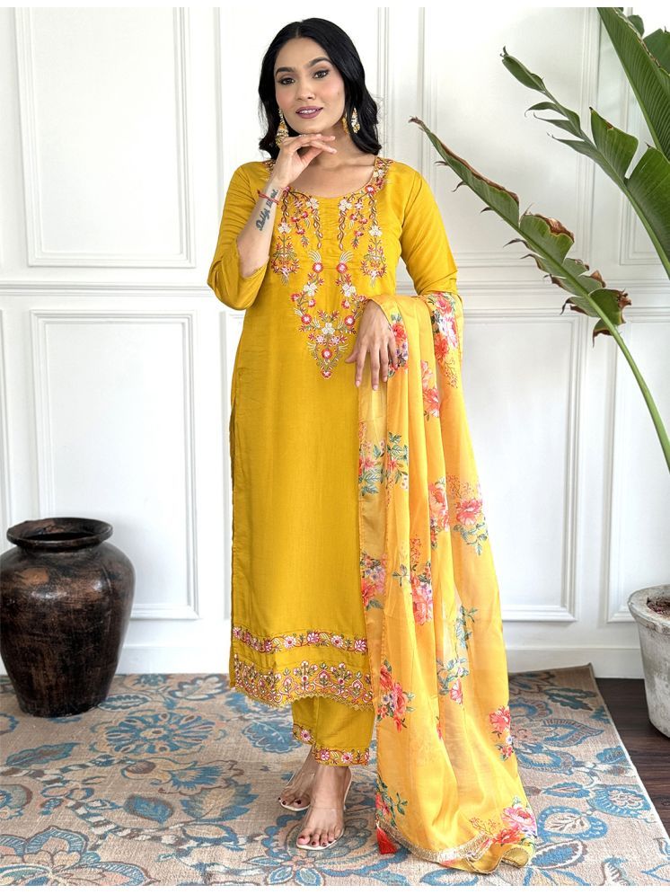     			Trijal Fab Cotton Silk Embroidered Kurti With Pants Women's Stitched Salwar Suit - Yellow ( Pack of 1 )