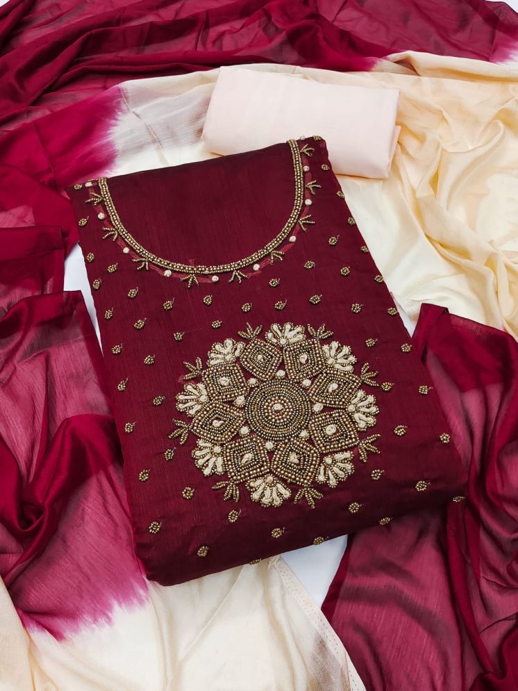     			ALSHOP Unstitched Chanderi Embellished Dress Material - Maroon ( Pack of 1 )