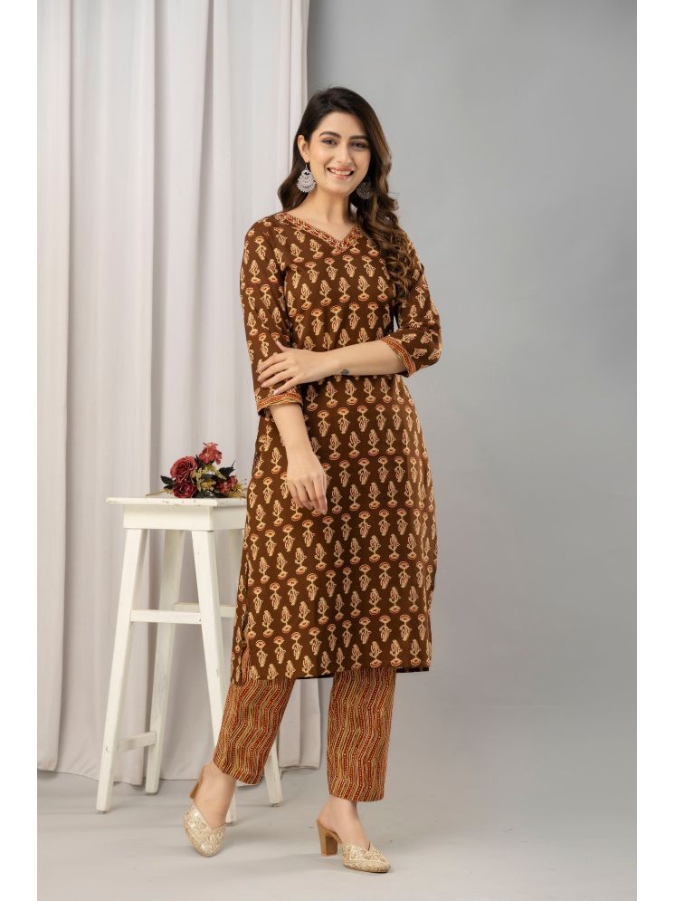     			Frionkandy Cotton Printed Kurti With Pants Women's Stitched Salwar Suit - Brown ( Pack of 1 )