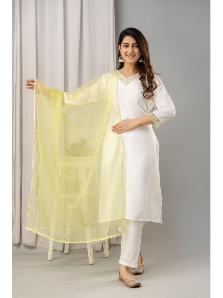     			Frionkandy Silk Blend Embroidered Kurti With Pants Women's Stitched Salwar Suit - White ( Pack of 1 )