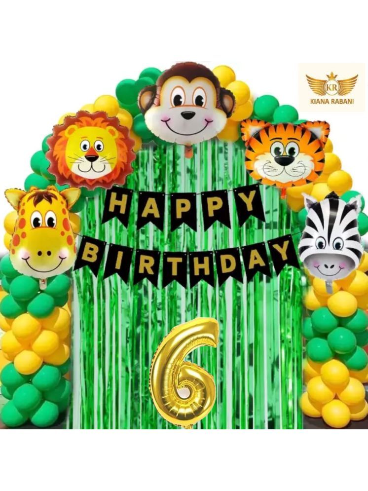     			KR 6TH HAPPY BIRTHDAY PARTY DECORATION WITH HAPPY BIRTHDAY BLACK GOLD BANNER (13), 15 GREEN 15 GOLD BALLOON, 5 ANIMAL FACE BALLOON, 2 GREEN CURTAIN, 1 ARCH, 6 NO. GOLD FOIL BALLOON