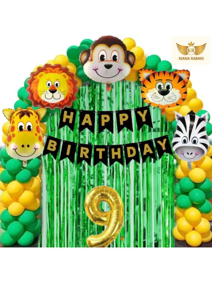     			KR 9TH HAPPY BIRTHDAY PARTY DECORATION WITH HAPPY BIRTHDAY BLACK GOLD BANNER (13), 15 GREEN 15 GOLD BALLOON, 5 ANIMAL FACE BALLOON, 2 GREEN CURTAIN, 1 ARCH, 9 NO. GOLD FOIL BALLOON