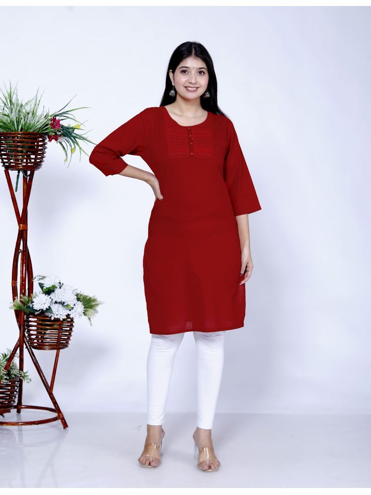     			The Kurti Point Pack of 1 Cotton Embroidered Straight Women's Kurti - ( Maroon )