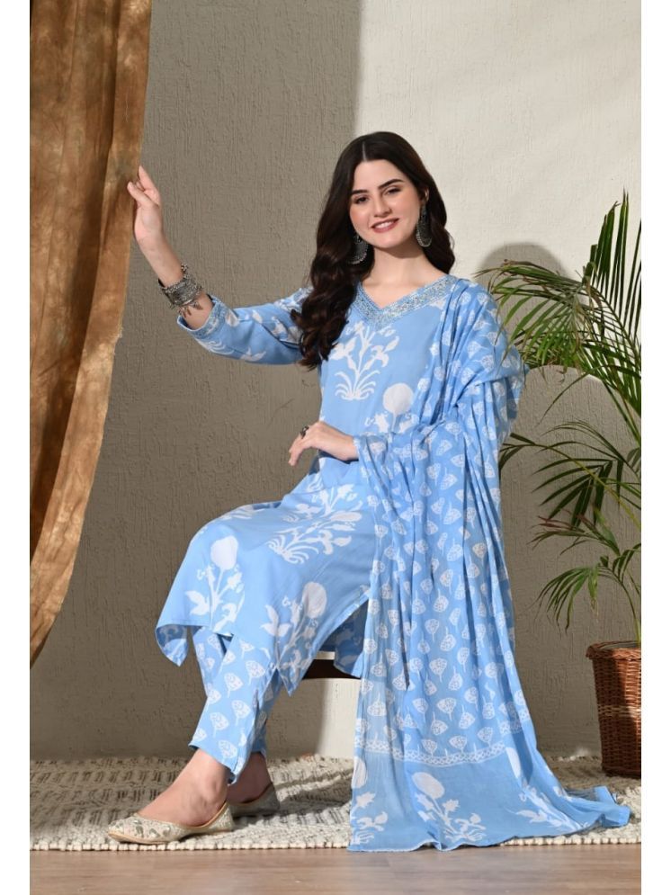     			Kbz Cotton Printed Kurti With Pants Women's Stitched Salwar Suit - Blue ( Pack of 1 )