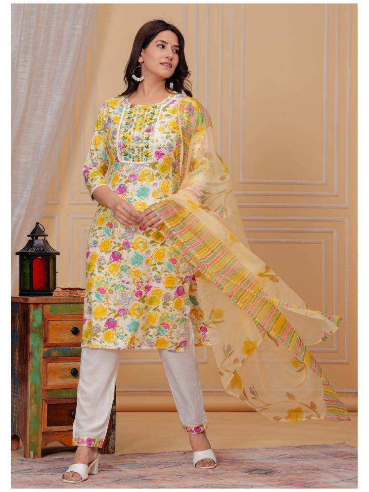     			The Kurti Point Rayon Printed Kurti With Pants Women's Stitched Salwar Suit - Yellow ( Pack of 1 )