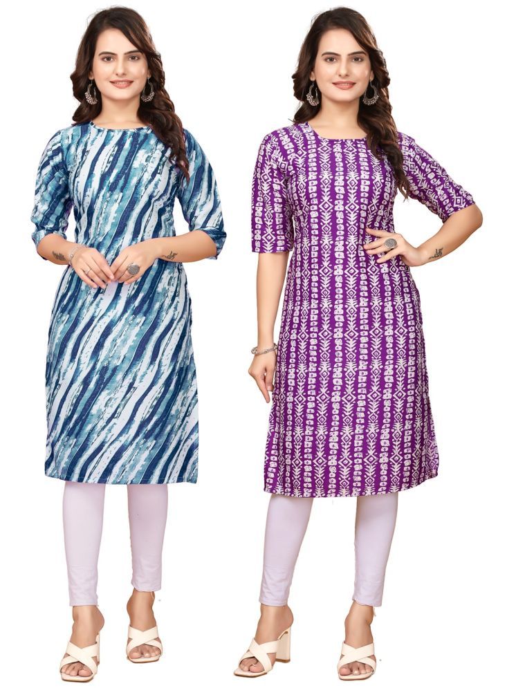     			VACHHARAJ DESIGN Pack of 2 Crepe Printed Straight Women's Kurti - ( Blue,Lavender )