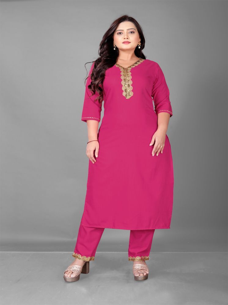     			Parastri Cotton Blend Embellished Kurti With Pants Women's Stitched Salwar Suit - Pink ( Pack of 1 )