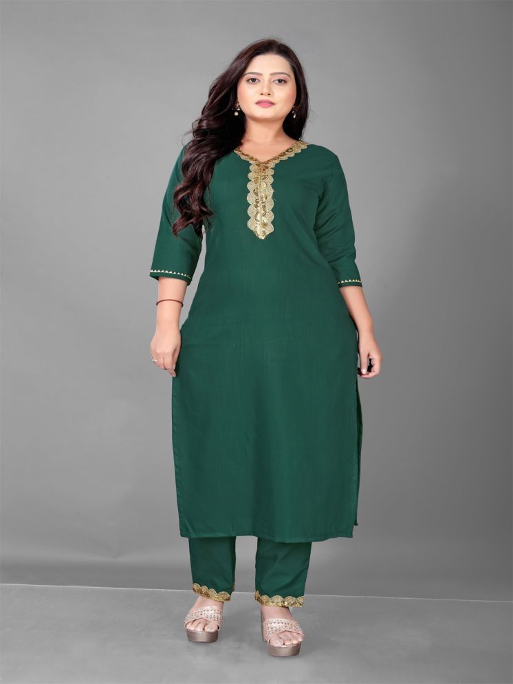     			Parastri Cotton Blend Embellished Kurti With Pants Women's Stitched Salwar Suit - Green ( Pack of 1 )