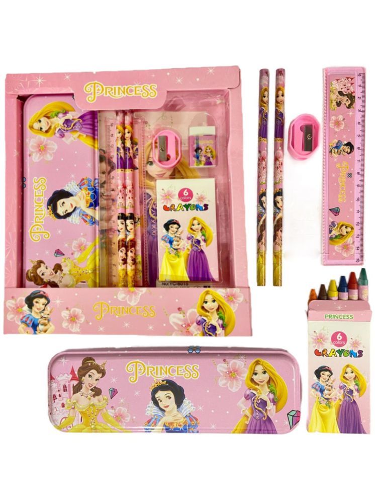     			Seema Kitchenware Princess Stationery Kit with Pencil Box,Eraser,Scale,Sharpener and Crayon Stationary Set for Boys Kids Art Plastic Pencil Box (Set of 6, Multicolor)