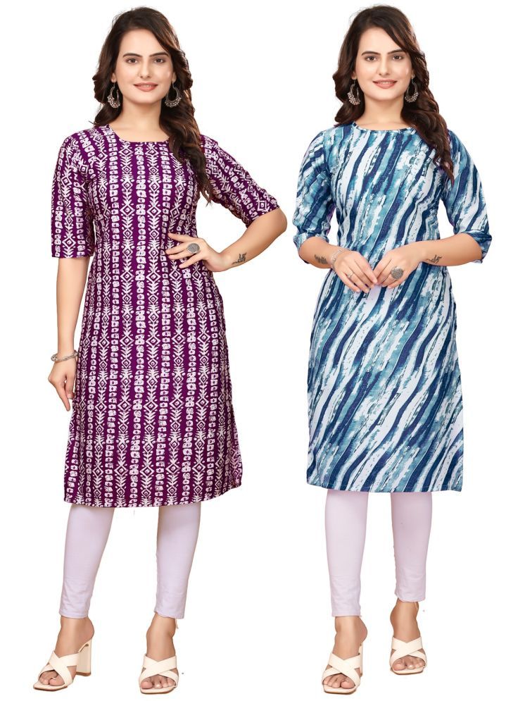     			VACHHARAJ DESIGN Pack of 2 Crepe Printed Straight Women's Kurti - ( Maroon,Blue )