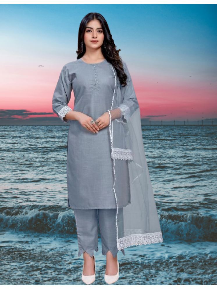     			BIPIN FASHION Cotton Silk Self Design Ethnic Top With Pants Women's Stitched Salwar Suit - Grey ( Pack of 1 )