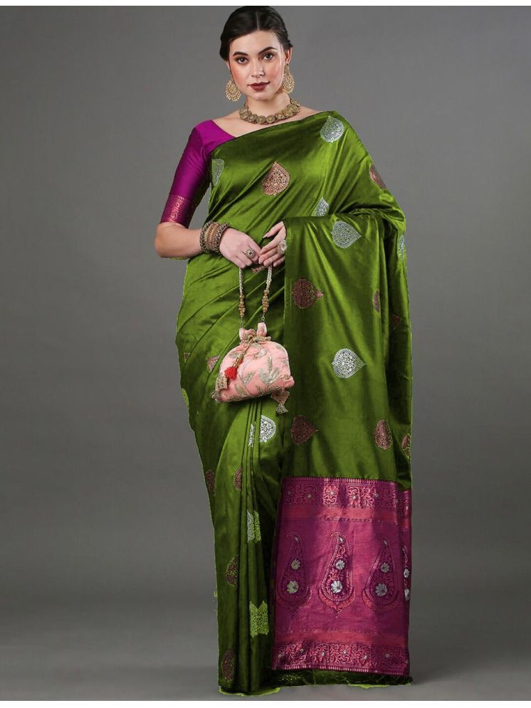     			Vividvibe Pack of 1 Banarasi Silk Printed Saree With Blouse Piece ( Green )