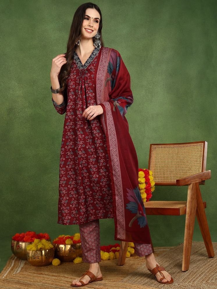     			Vaamsi Cotton Blend Printed Kurti With Pants Women's Stitched Salwar Suit - Maroon ( Pack of 1 )