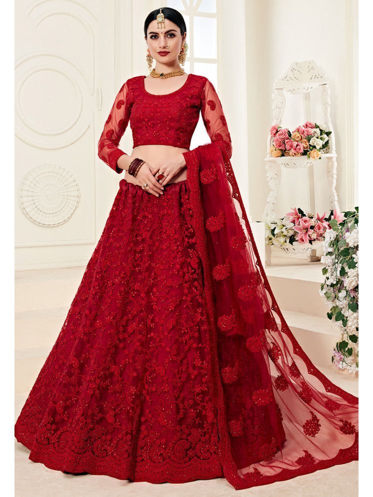     			Apnisha Red Net Unstitched Semi Stitched Lehenga Single