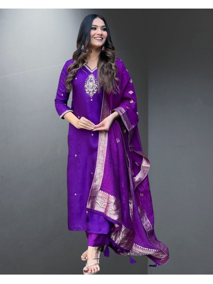     			Any Fab Silk Blend Embroidered Kurti With Pants Women's Stitched Salwar Suit - Purple ( Pack of 1 )