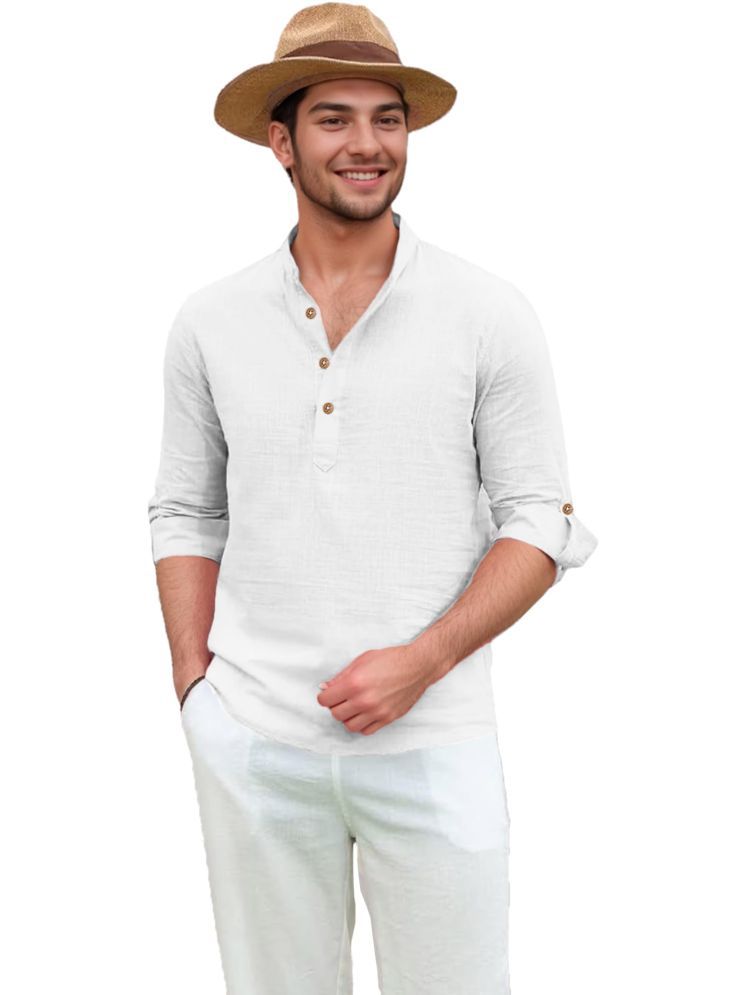     			TrendiVastra WHite Cotton Blend Men's Shirt Style Kurta ( Pack of 1 )