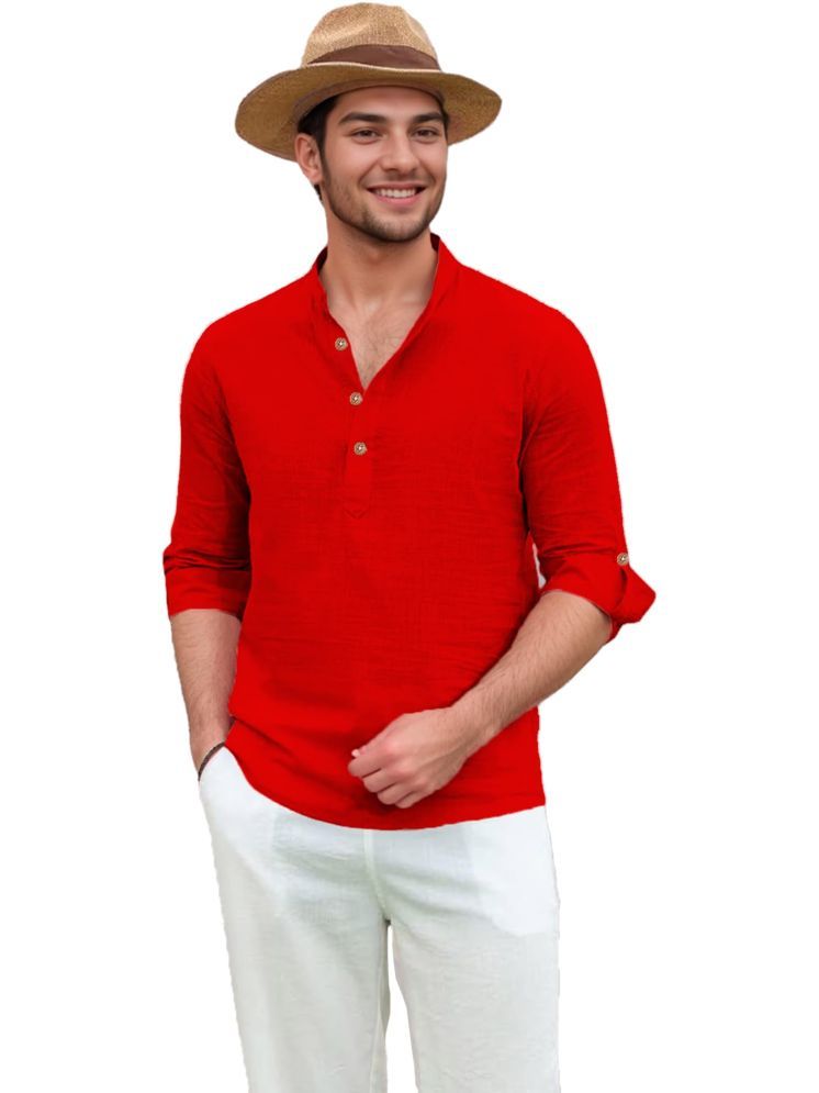     			UNI VIBE Red Cotton Blend Men's Shirt Style Kurta ( Pack of 1 )