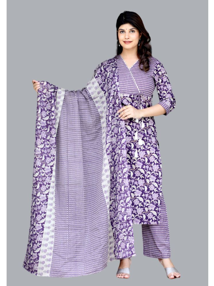     			Doriyaan Cotton Printed Kurti With Palazzo Women's Stitched Salwar Suit - Purple ( Pack of 1 )