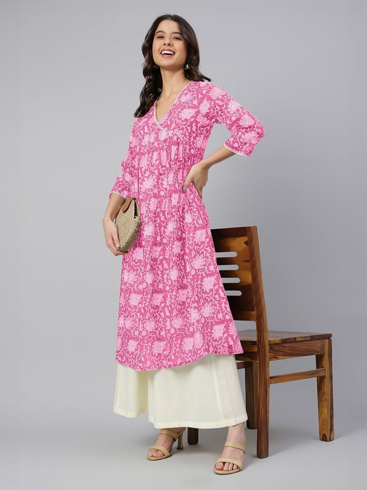     			Janasya Pack of 1 Cotton Printed Flared Women's Kurti - ( Pink )