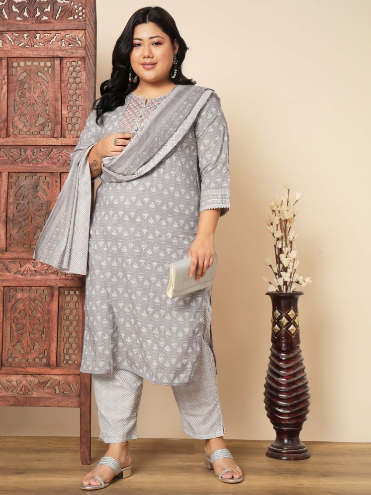     			Vbuyz Cotton Printed Kurti With Pants Women's Stitched Salwar Suit - Grey ( Pack of 1 )