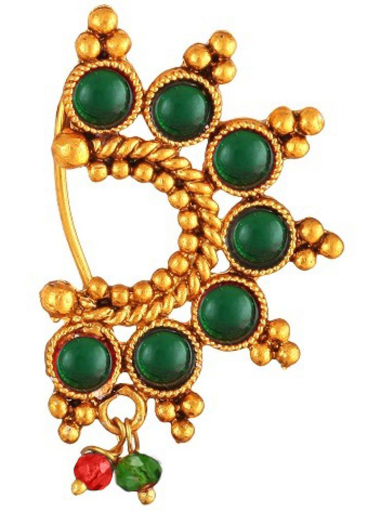     			Vighnaharta Green stone Pearls (Moti )Maharashtrian Cultural Nath Nathiya./ Nose Pin for women[VFJ1033NTH-Press-Green]