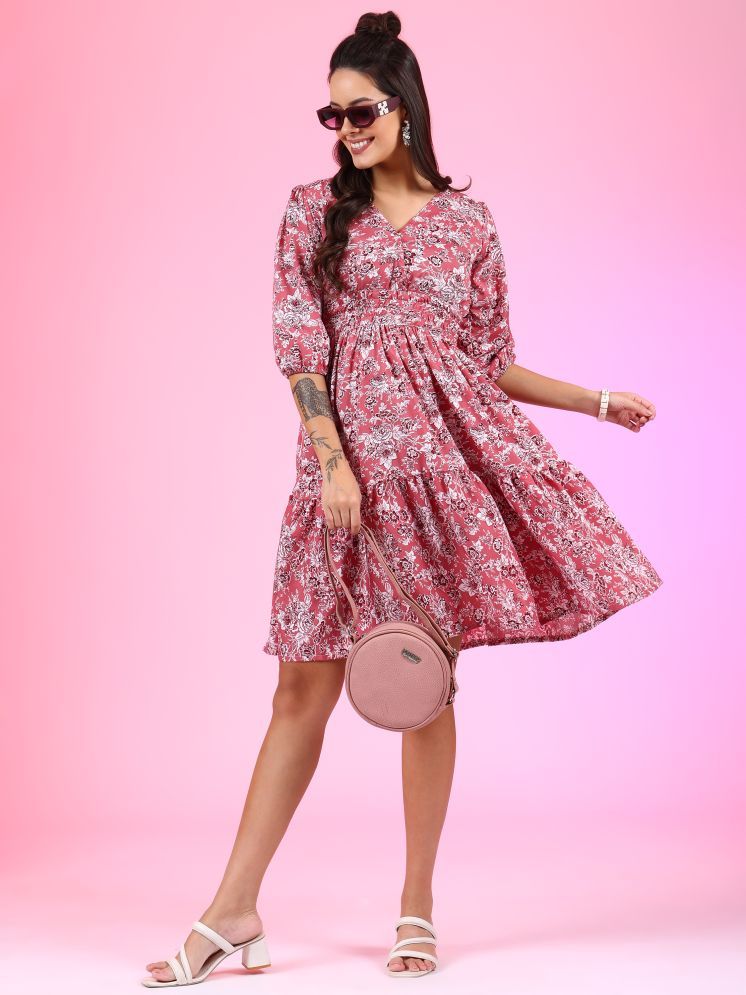     			JASH CREATION Polyester Printed Knee Length Women's Fit & Flare Dress - Pink ( Pack of 1 )