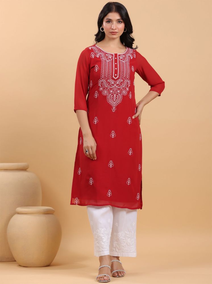     			Janasya Pack of 1 Georgette Embroidered Straight Women's Kurti - ( Maroon )