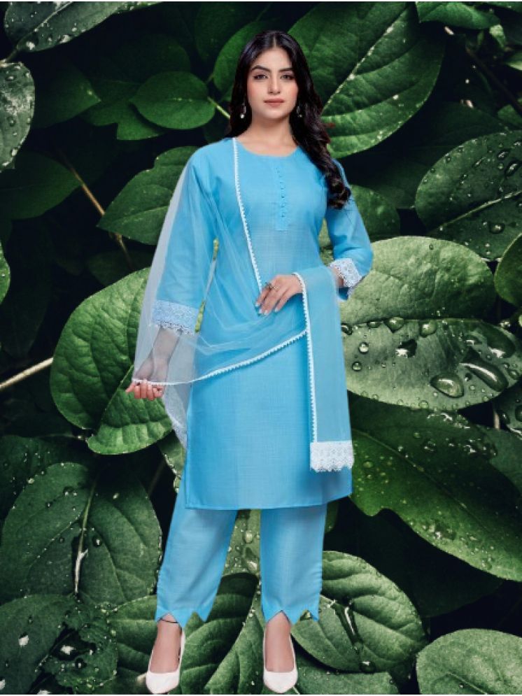     			RUTSH CREATION Cotton Solid Kurti With Pants Women's Stitched Salwar Suit - Blue ( Pack of 1 )