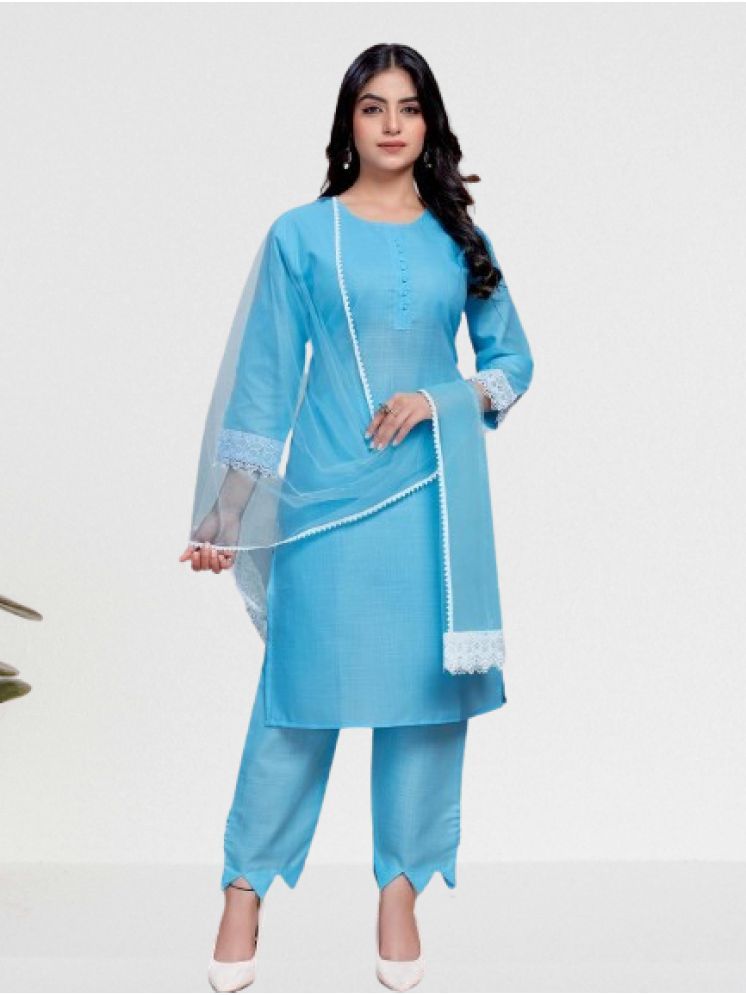     			RUTSH CREATION Cotton Solid Kurti With Pants Women's Stitched Salwar Suit - Blue ( Pack of 1 )