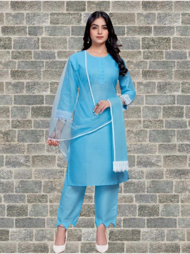     			RUTSH CREATION Cotton Solid Kurti With Pants Women's Stitched Salwar Suit - Blue ( Pack of 1 )