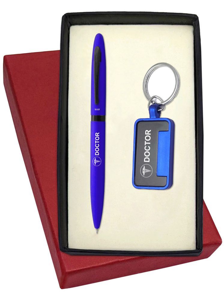     			UJJi Doctor Logo Engraved Metal Keychaind with Matte Blue Twist Mechanism Pen Gift Set