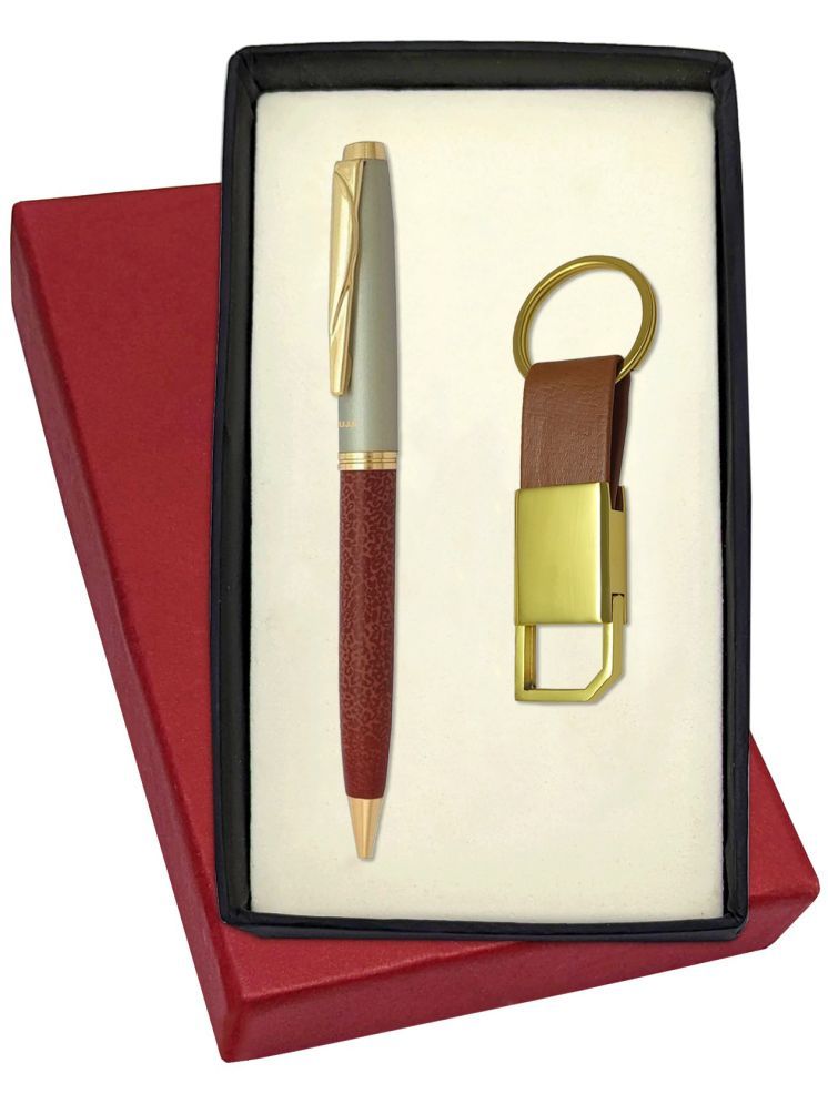     			UJJi Leather Coated Brown with Golden Part Keychain and Pen Gift Set