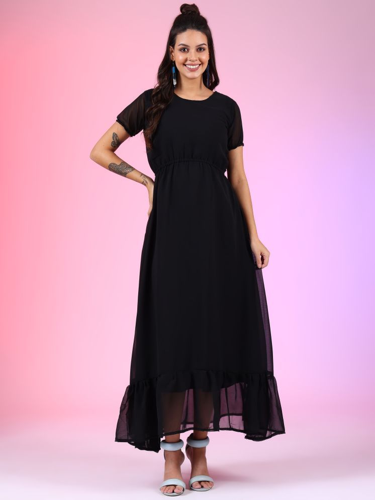     			Femvy Georgette Solid Full Length Women's Fit & Flare Dress - Black ( Pack of 1 )