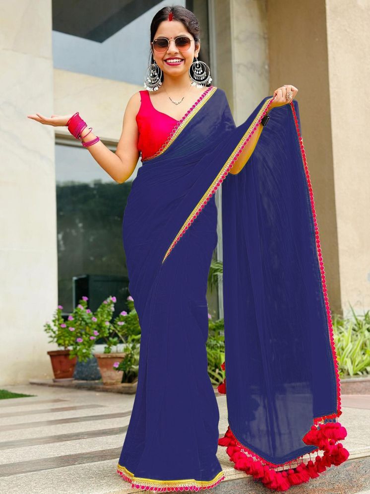     			Apnisha Pack of 1 Georgette Embellished Saree With Blouse Piece ( Navy Blue )