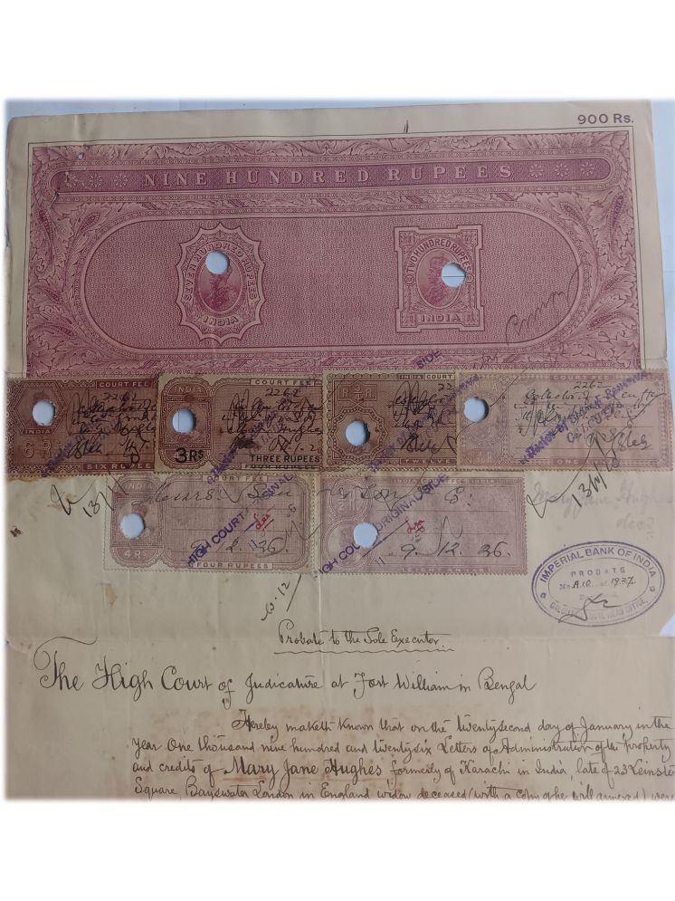     			BRITISH INDIA - R900 - KING GEORGE V ( KG V ) ( 1911 - 1936) - BOND PAPER - HIGH VALUE REVENUE COURT FEE - old vintage collectible