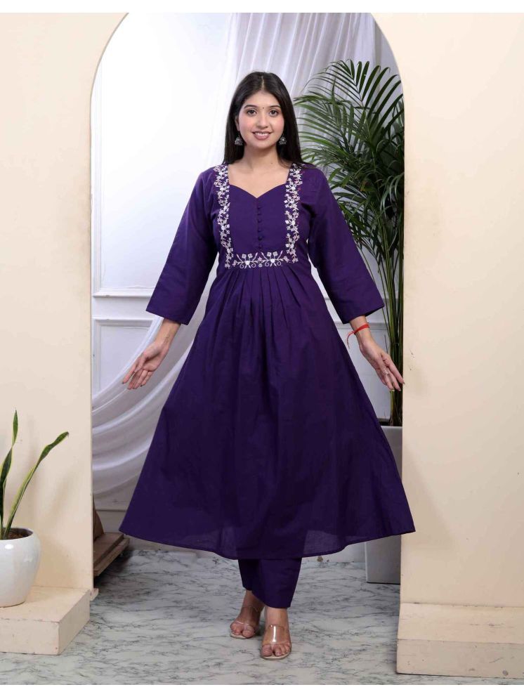     			Doriyaan Cotton Embroidered Kurti With Palazzo Women's Stitched Salwar Suit - Purple ( Pack of 1 )