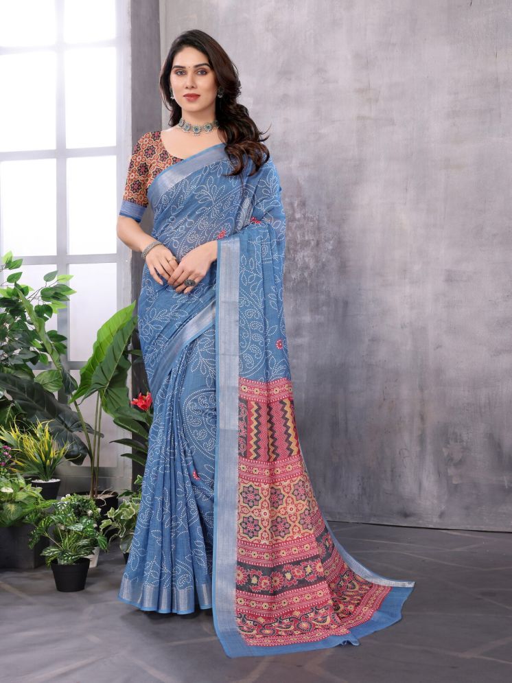     			NightBlue Pack of 1 Linen Printed Saree With Blouse Piece ( Blue )